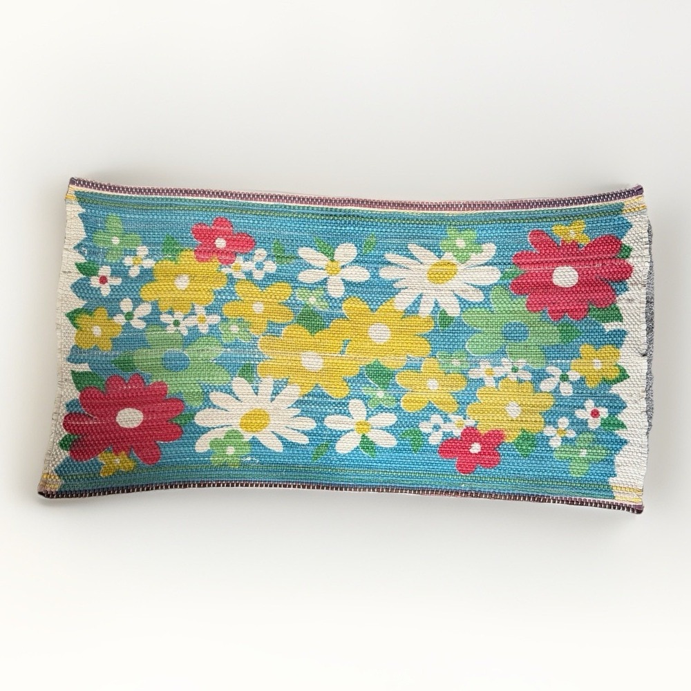 Vtg 70s Groovy Flower Power Rug 44.25" x 23.25" Blue Red Yellow Soft Women Nylon